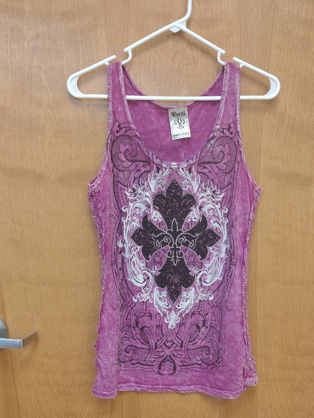Vocal Magenta Graphic Tank with Embellished Details And Lace Side Panels